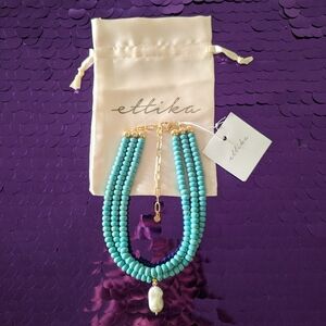ETTIKA Triple Strand Turquoise Statement Necklace with Cultivated Pearl Dangle